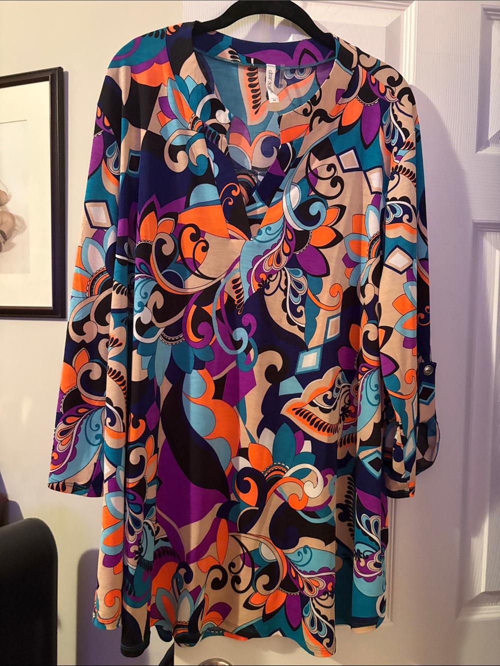 Abstract Floral V-Neck Blouse in Purple & Teal - Unbranded
